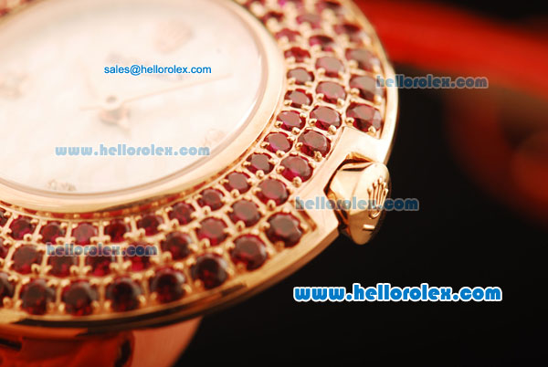 Rolex Datejust Swiss Quartz Movement Rose Gold Case with Red Diamond Bezel and Red Leather Strap - Lady Size - Click Image to Close